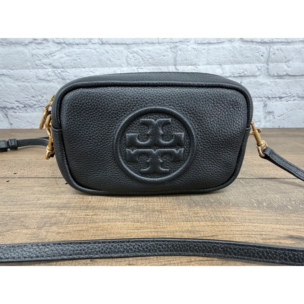 Tory Burch Perry Bombe Mini Bag Black Pebbled Leather Crossbody Camera Bag - Picture 2 of 15
